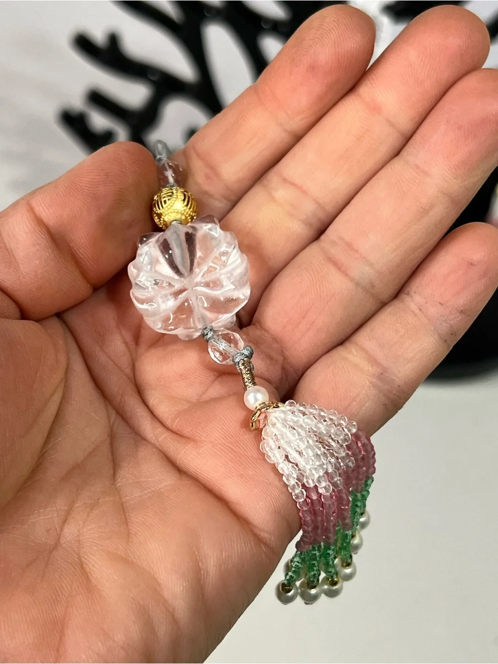 Clear Quartz Crystal 9 tail Fox Tassel Pendant Necklace - Pink, Green & Gold
